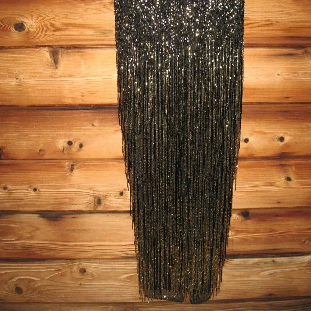 MAC DUGGAL Black Gold Size 4 Long Sleeve Beaded Fringe Evening Gown Maxi Dress - Picture 13 of 14